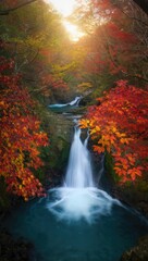 Fototapeta premium Autumn Waterfall Amidst Vibrant Fall Foliage leaves