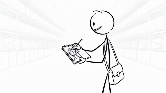 Creative Stickman Drawing a Train with Enthusiasm in Bright White Interior Space Wearing Satchel Perfect for Demonstrating Ideas Workflows and Projects Optimized for Stock Illustration