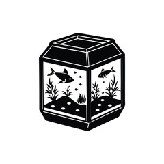 Stylized black and white illustration of a fish tank with two fish