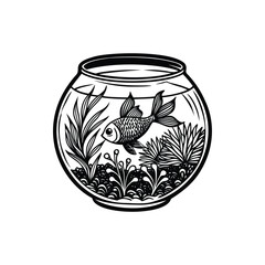 Black and White Line Art Illustration of Goldfish Bowl with Fish and Plants