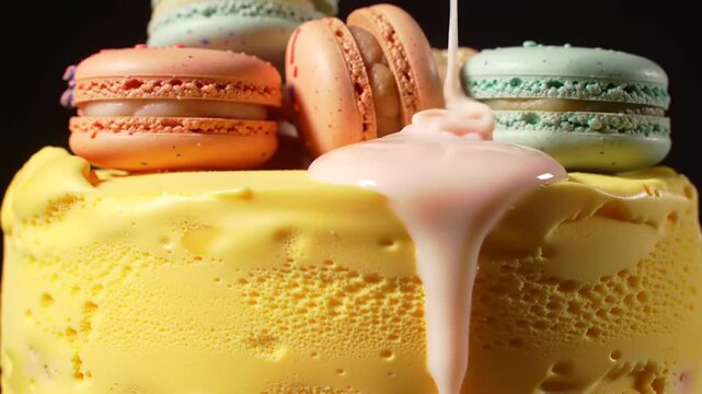 Colorful macarons and dripping custard on a yellow ice cream