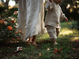 In the style of an enchanting English garden scene, close-up shot of a mother and child walking side by side across soft grass in golden hour light