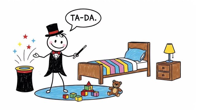 Drawn Stick Figure Magician in Tuxedo Conjuring Stars from Hat in Bedroom with Toys and Bedside Lamp on White Background Showcasing Wonder and Imagination with "Ta-Da" Expression