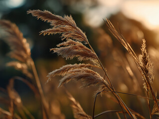 Tall wild grasses gently swaying in the wind at golden hour, soft warm sunlight from the setting sun glowing in the background