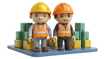 Two cartoon construction workers standing among building materials people safety