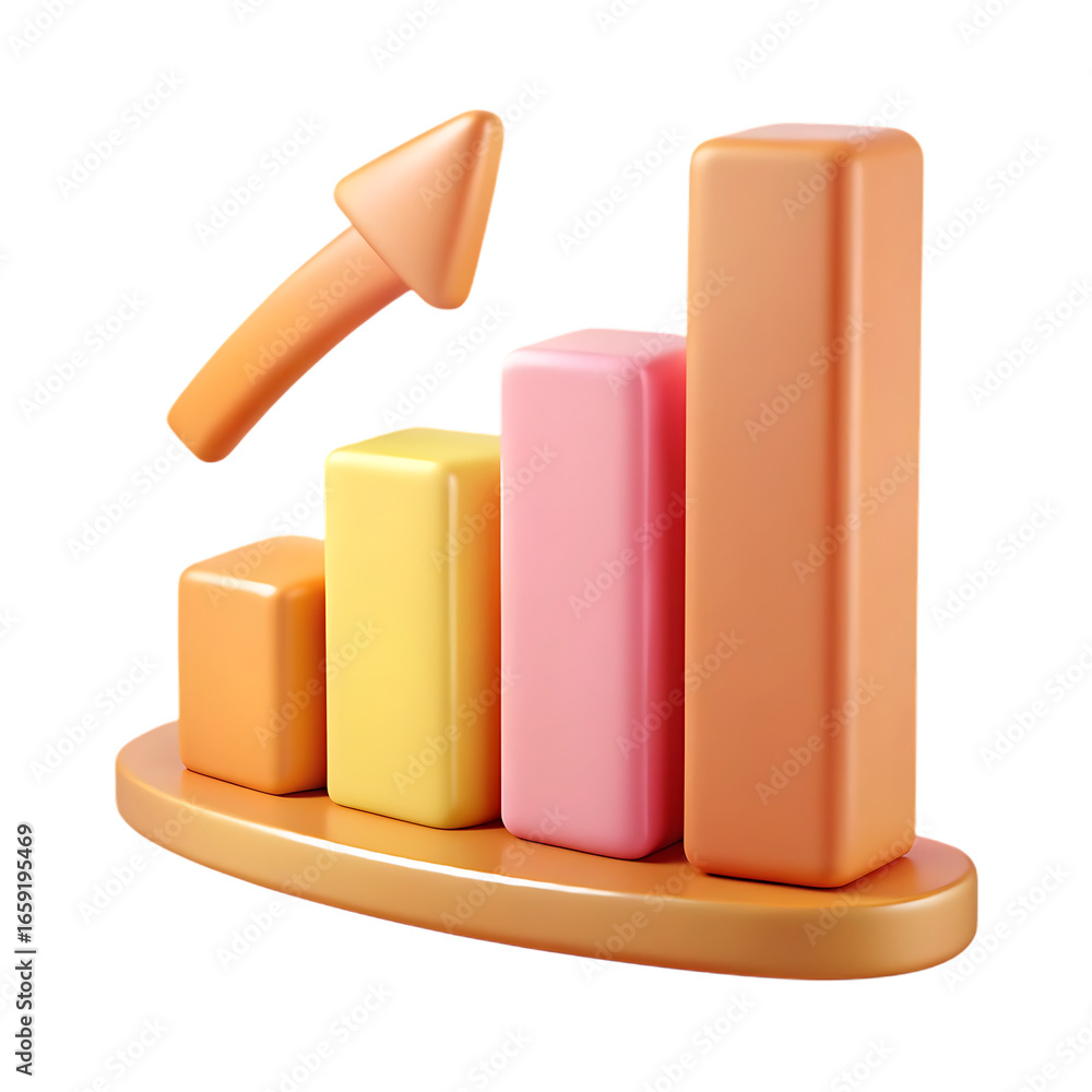 Poster 3d bar chart with upward arrow isolated on transparent background