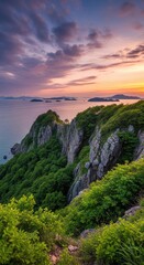 Fototapeta premium Coastal Cliffs Overlooking Ocean at Sunset with Dramatic Sky Keywords: coastal, cliffs, ocean