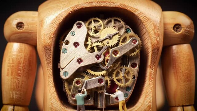 Miniature Technicians Meticulously Repairing the Intricate Clockwork Mechanism Inside a Wooden Mannequin's Chest