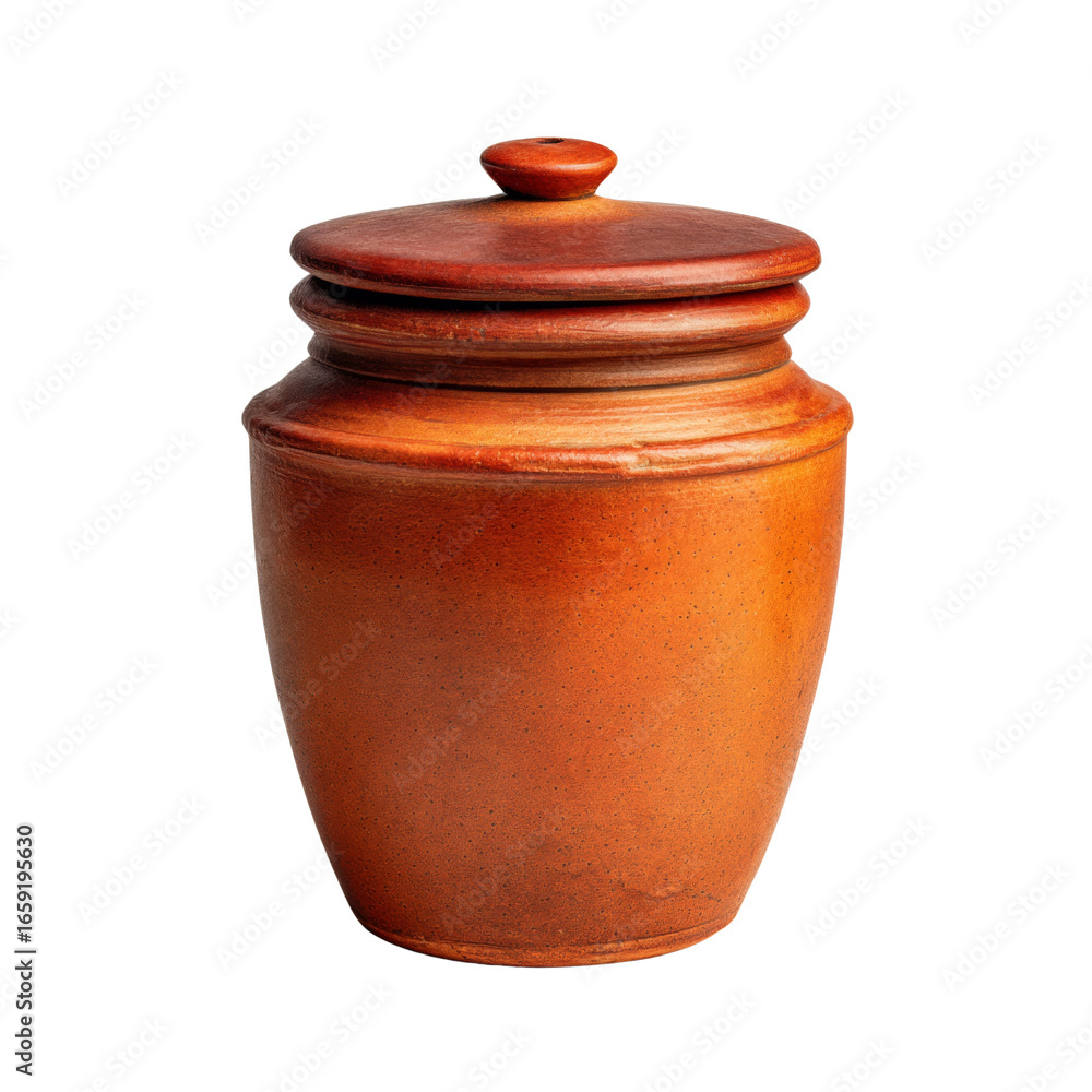Poster traditional clay pot with smooth, orange brown finish and rounded shape, featuring matching lid. thi