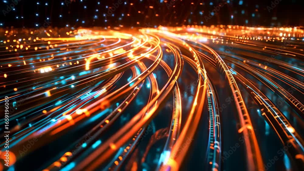 Aufkleber this vibrant abstract image features dynamic light trails in blue and orange, creating a sense of mo