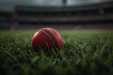 A cricket ball resting on a green grass field with a stadium blurred in the background on a cloudy day
