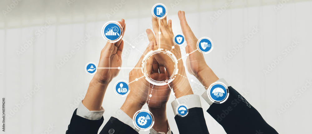 Poster this image showcases hands raised in a display of teamwork and collaboration in business management,