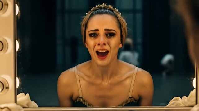 Ballerina exhausted, cries in makeup mirror after performance. Dance competition failure, theater drama, artist burnout, mental health issues, stress concept, theatre and opera content.