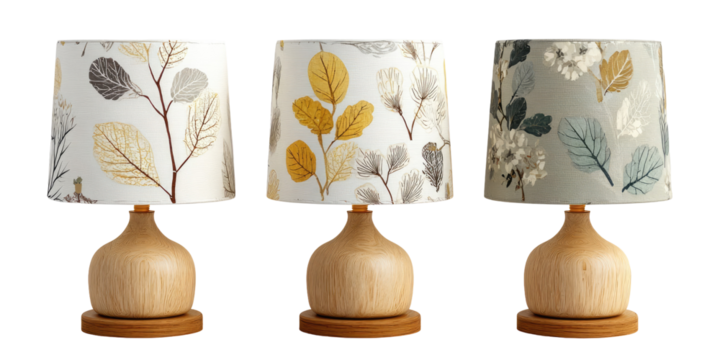 Three small wooden table lamps with leaf and floral patterned lampshades