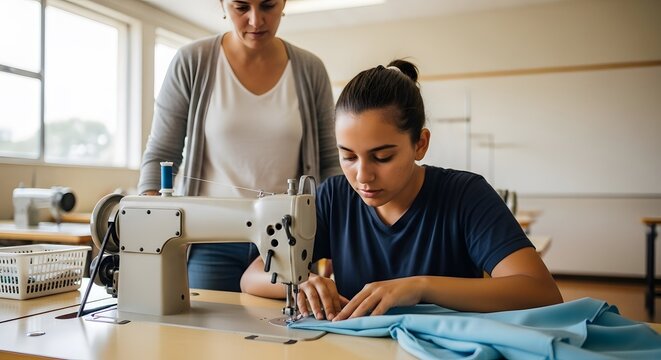 Teacher guiding a focused student during a sewing class, learning dressmaking and textile craft skills. - Powered by Adobe