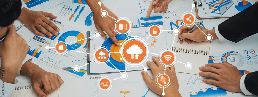 Poster a dynamic scene showcasing multiple hands engaged in collaborative computing strategies with vibrant