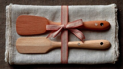 Two wooden spatulas tied with ribbon on linen