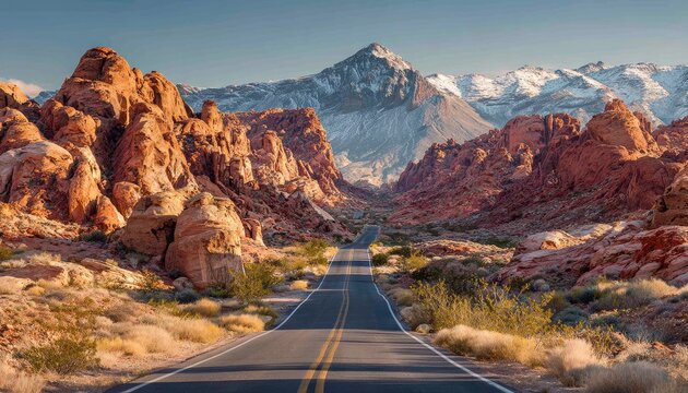 Scenic desert road winding through red rock canyons, mountains in background - Powered by Adobe