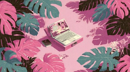 Laptop amidst pink tropical foliage, displaying a beach scene