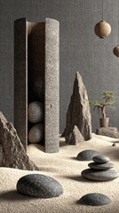 Minimalist zen garden scene with stones, a cylindrical container, and bonsai tree