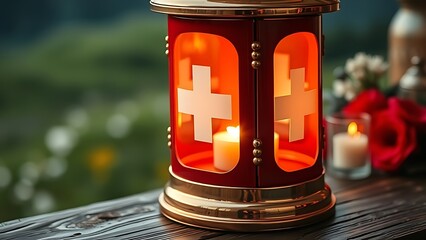 Glowing Swiss lantern with white cross motif, resting on rustic wood with alpine meadow in soft focus.