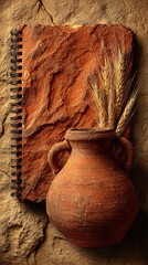 Rustic still life earthenware jar, wheat, textured book