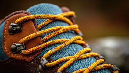 Close-up of a hiking boot's laced section, showcasing teal fabric, brown leather, and yellow laces with red speckles