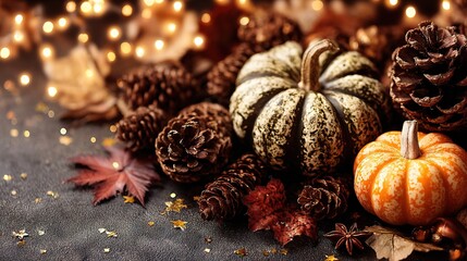 Festive autumn still life with pumpkins pinecones leaves and glowing lights creating warm rustic seasonal decorative composition for Thanksgiving and harvest celebrations