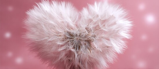 Fluffy dandelion seeds formed into a heart shape against a pink background
