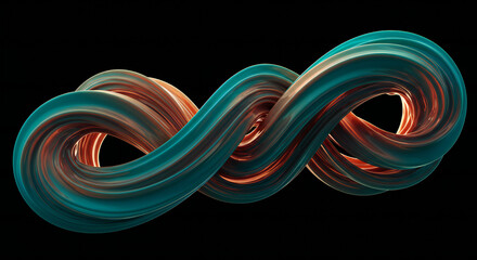 A dynamic twisted 3D infinity shape with glossy flowing teal and orange paint streaks.