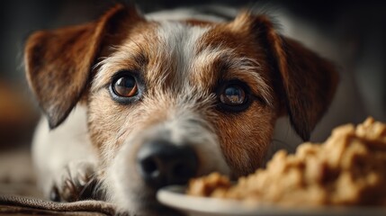 Enchanting gaze of a Jack Russell Terrier contemplating a tempting plate of food