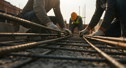 Workers Tying Steel Reinforcement Bars on Concrete Foundation
