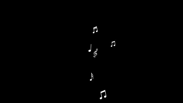 Animated white notes flying from bottom to top. Wave of flying notes. Music concept. Vector illustration isolated on a black background.