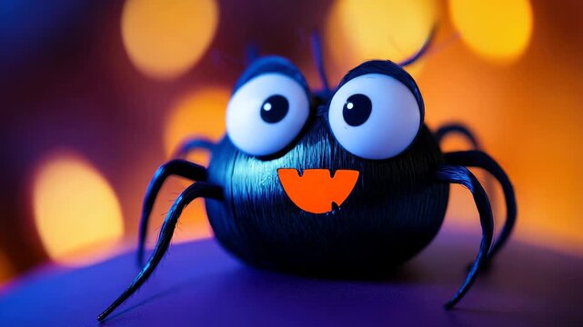Adorable cartoon spider featuring oversized eyes and a vibrant backdrop. Perfect for Halloween, children's art, or playful decoration projects. Fun and cheerful design.