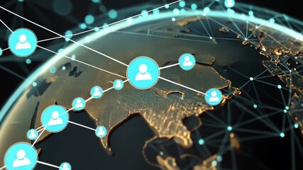 Global digital network connection visualized as glowing lines linking continents, surrounded by floating data. - Powered by Adobe