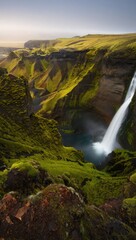 Fototapeta premium Majestic Waterfall Cascading Down Moss Covered Cliffs