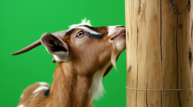 Playful goat playfully rubs against a wooden post in a quirky, humorous animal video scene