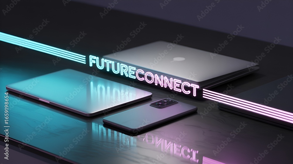 Poster modern devices, sleek design with the futureconnect in a futuristic setting.