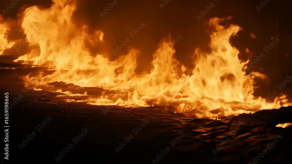 Poster captivating view of intense flames rising from a liquid surface, creating a dramatic contrast in a d