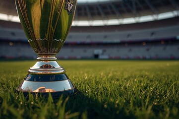 A golden trophy stands on lush green grass in a stadium with blurred background and sunlight shining through