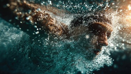 Underwater swimmer performing butterfly stroke in pool with sunlight