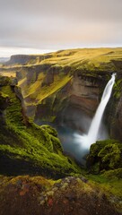 Fototapeta premium Majestic Waterfall Cascading into a Mossy Canyon green