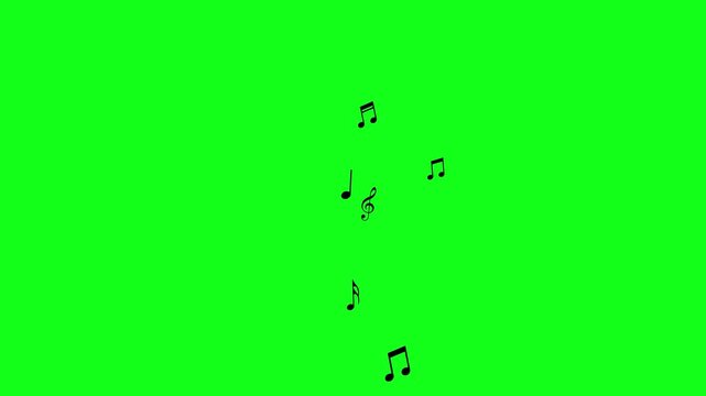 Animated rotating black notes flying from bottom to top, on a green background. Wave of flying notes. Perfect for music, songs, and melodies. Isolated musical notes, icons. Royalty-free. 4k