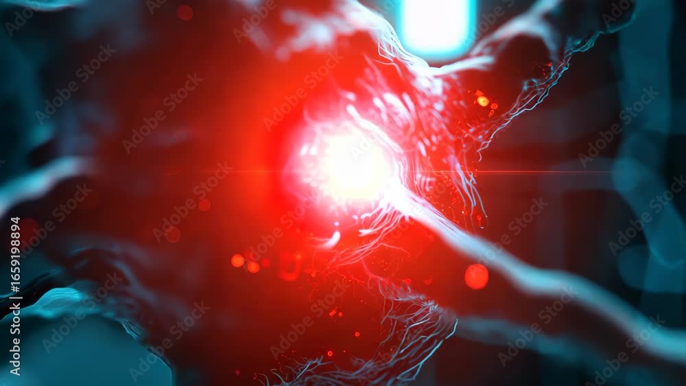 Aufkleber this striking abstract image features a neuron with a glowing core set in a dark environment, symbol