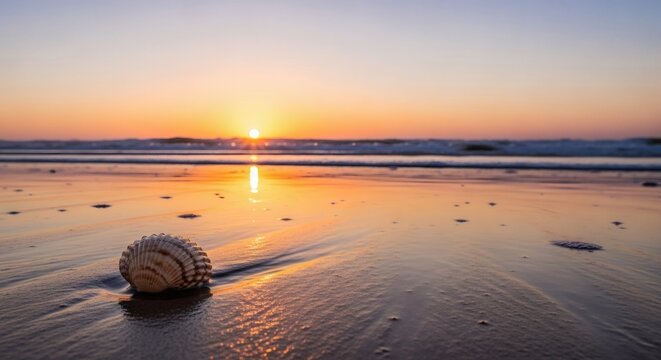 A lone seashell rests on a wet sandy beach as the sun sets over the ocean waves.
