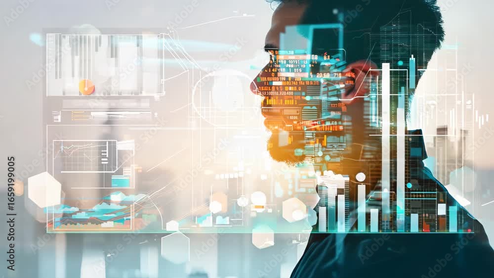 Poster a thoughtful businessman analyzes data insights through a digital overlay of graphs and charts. the 
