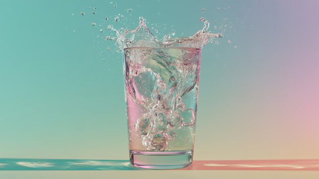 彩り水しぶきが広がる透明グラス接写スタジオ