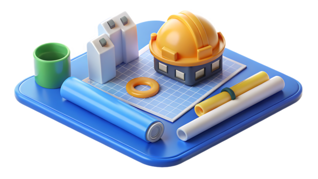 Construction Planning Tools and Miniature Buildings on Blueprint architecture