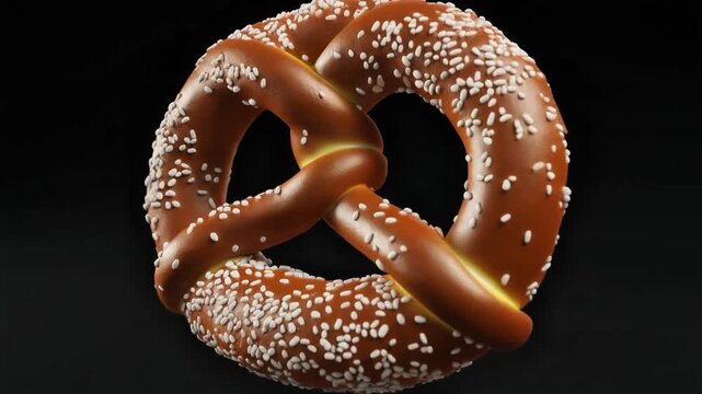 A close-up view of a single, salted pretzel against a dark background, showcasing its twisted shape and texture.