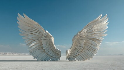 Majestic white angel wings spread wide against a clear blue sky and expansive white desert landscape